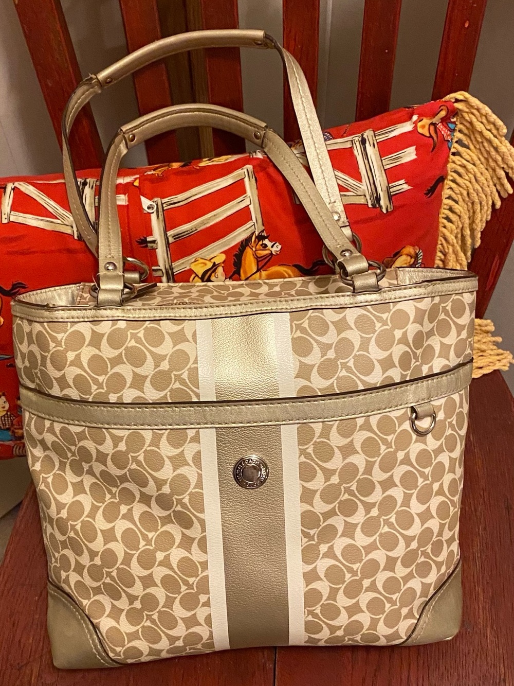 Vintage Y2K Coach Chelsea Heritage Stripe Signature Tote Bag serial F15137